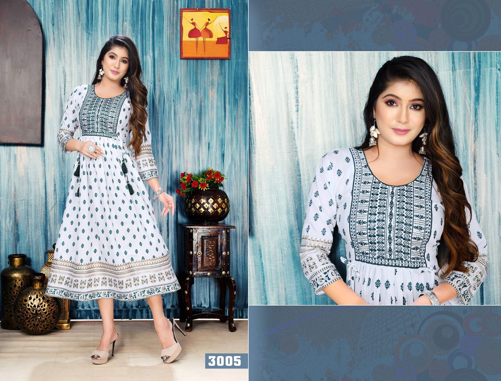 Golden White Floral Printed  Anarakli Kurtis Catalog
